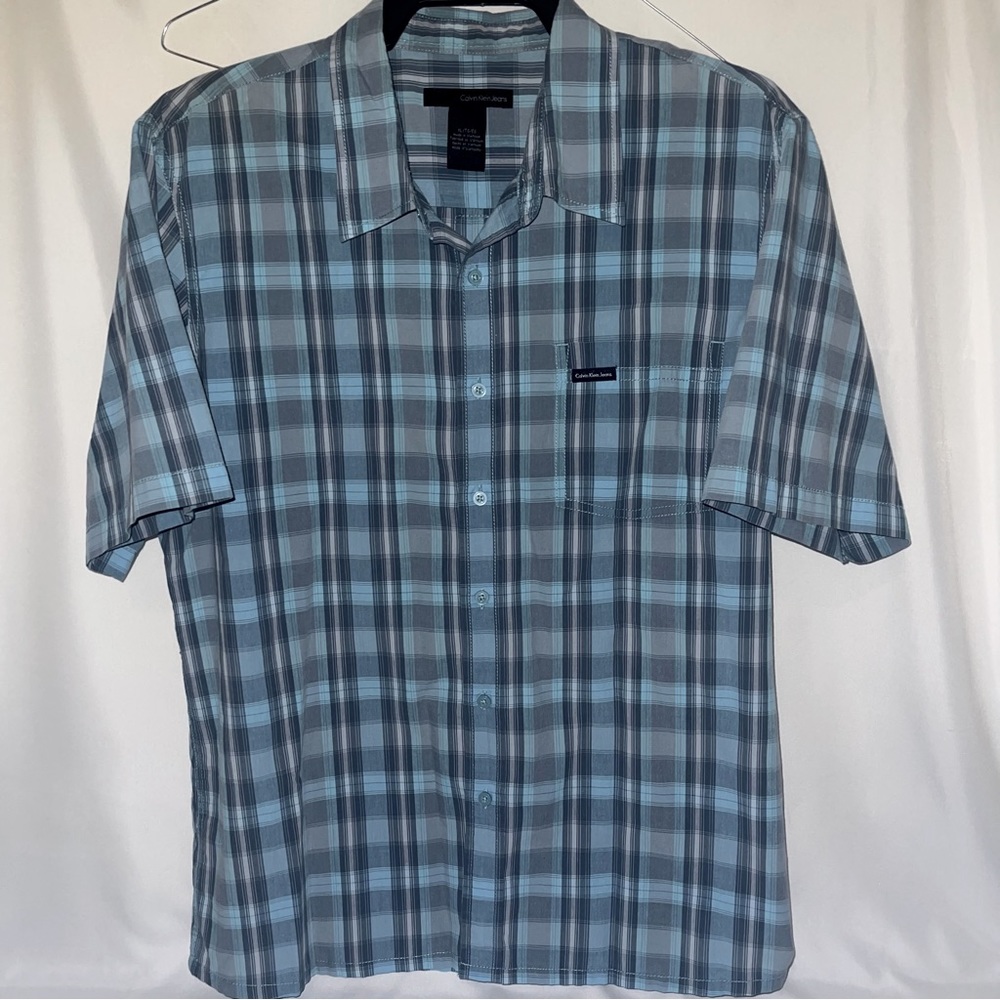 Calvin Klein Jeans Mens Button Up Shirt XL Blue /Gray Short Sleeve Cotton Casual